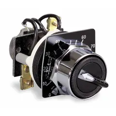 Panel-mounting potentiometer from the Series 9001SK with a 500 ohm maximum resistance rating. Includes a dial plate and a non-metallic black bezel. Used in industrial control applications for precise resistance adjustment.