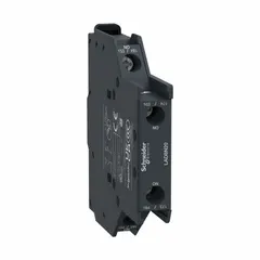 Side-mountable auxiliary contact block for TeSys series contactors and starters. Provides 2 normally open (2NO) contacts rated for 10 A maximum current (AC). Used in motor control panels, conveyor systems, and HVAC equipment for status feedback or interlocking signals.