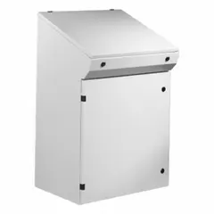 This stainless steel console enclosure measures 38 x 48 x 17.3 inches and is rated NEMA 12/3R/4/4X and IP66. It is suitable for housing electrical controls, instrumentation, and automation equipment in indoor or outdoor environments requiring corrosion resistance and washdown capability.