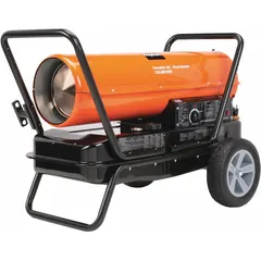 This direct-fired portable heater is wheeled mounted for mobility and features a thermostat for temperature control. It has a 10-gallon tank capacity providing 11 hours of operation per filling. The unit heats up to 2,900 square feet and measures 24-5/8 in x 36-1/8 in x 21-1/2 in (H x L x D). Suitable for temporary or supplemental heating in large indoor or semi-enclosed spaces.