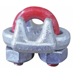 Forged steel U-bolt clip for terminating wire rope ends. Compatible with 1/4 in rope diameter and 4 3/4 in turnback length. Red finish. Used in rigging and lifting applications to form load-bearing eyes or loops.