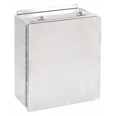 This 304 stainless steel enclosure measures 10 x 8 x 4 inches and features a solid hinged cover secured by clamps. Rated NEMA 12/13/4/4X, it is suitable for protecting electrical controls, terminals, and instruments in environments requiring dust resistance, washdown capability, or corrosion protection. No knockouts are included.