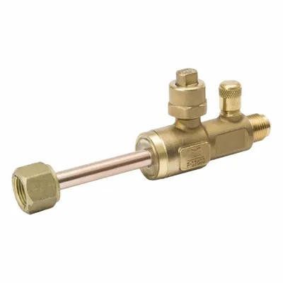 MUELLER Refrigerant Ball Valve: 5 Cv, 1/2 in Female Swivel Right-Hand, Access Port - Flare Connection Unibody Refrigeration Ball Valves