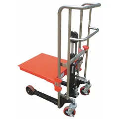 Steel platform lift truck with 880 lb capacity and lift range from 8 in to 59 in. Platform measures 25 5/8 in L x 21 1/2 in W. Equipped with two swivel casters with brake. Used in warehouses, factories, and maintenance facilities for lifting and positioning heavy loads at ergonomic working heights.