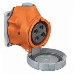 Watertight pin and sleeve receptacle rated for 125/250V AC, single phase, 30 A, with 3 poles and 4 wires. Suitable for industrial power distribution where moisture or debris resistance is required.