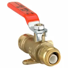 This 1/2 in brass ball valve features a straight, full port design with push-to-connect fittings on both ends. The lever handle provides manual on/off control, and the integrated drain allows for system maintenance. Suitable for use in plumbing systems to control water flow.