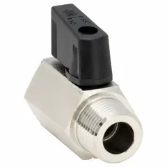 This manual two-way ball valve features a nickel-plated brass body with 3/8 inch MNPT male and FNPT female straight connections. The wedge handle provides clear visual indication of valve position. Suitable for on/off flow control of water, air, and light oils in compact piping systems.