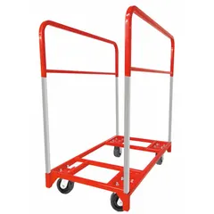 This cart is designed for transporting and storing round and rectangular tables and chairs in event venues and institutional settings. It features a vertical divider rail to keep tables organized, a red frame, and four swivel casters with brakes for maneuverability and secure parking. Accommodates chairs up to 30 1/2 in width.