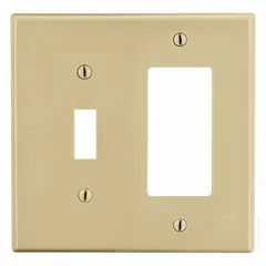 This HUBBELL combination wall plate is designed for 2-gang configurations, accommodating multiple switches or receptacles in a single outlet box. Made of polycarbonate, it provides impact resistance for indoor use. The ivory finish offers a neutral appearance suitable for standard wall plates.