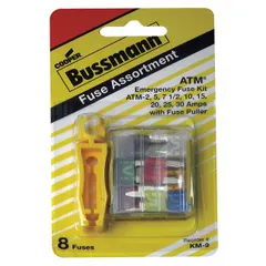 This fuse kit contains ATM-series blade fuses covering a 10 A to 30 A range, suitable for circuit protection in automotive and fleet vehicles. Includes an FP-A3 fuse puller for safe handling and replacement of fuses.