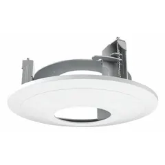Aluminum ceiling mount in ivory finish for fixed-lens vandal dome cameras in the Transcendent series. Includes mounting hardware for screw installation. Suitable for indoor security camera mounting.