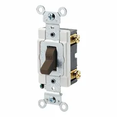 Single-pole maintained toggle switch rated 20 A at 120/277V AC. Brown non-illuminated design. Used for on/off control of lighting or other loads in commercial and industrial circuits.