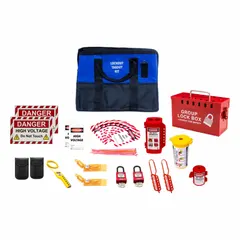 Portable lockout kit in a 12 in D x 15 in W x 18 in H tool bag. Includes keyed different padlocks, tags, (2) universal fuse carrier/isolation port lockouts, and a small plug lockout. Used for lockout/tagout procedures on electrical systems in hybrid and electric vehicles.