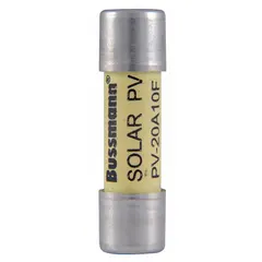 Fast-acting cylindrical fuse rated at 10 A and 1000 V DC. Part of the PV-F series, designed for overcurrent protection in photovoltaic systems, such as solar panel arrays and combiner boxes.