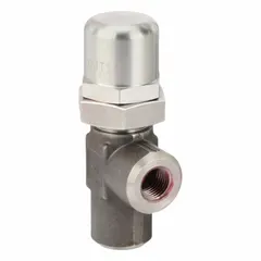 Stainless steel hard-seat pressure control valve with 1/4 in NPT ports and a maximum set pressure of 1750 psi. Used to regulate system pressure in hydraulic and industrial fluid power circuits, commonly applied in machining, material handling, and power transmission systems.