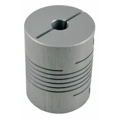 Flexible coupling made of aluminum, used to connect shafts in motion control and industrial automation systems. It compensates for misalignment and dampens vibration while transmitting torque, protecting motors and encoders from wear.