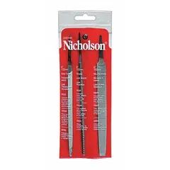 This three-piece file set includes a 6 in Mill file, a 6 in Round file, and a 6 in Slim Taper file, each with a Bastard Cut. The files are suitable for shaping, smoothing, and deburring metal surfaces in general maintenance and fabrication tasks. Supplied in a pouch for storage.