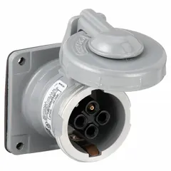 Watertight receptacle for three-phase power distribution. Rated 30 A, 250 V DC or 600 V AC, with 3 poles and 4 wires. Suitable for industrial environments requiring a secure, moisture-resistant connection.