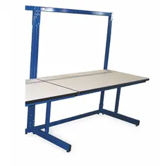 This open-base workstation features a blue laminate surface measuring 60 by 30 inches. It is a starter unit designed for configurable industrial or technical workspaces where adjustable height is required. Typical applications include assembly, testing, inspection, and laboratory tasks.