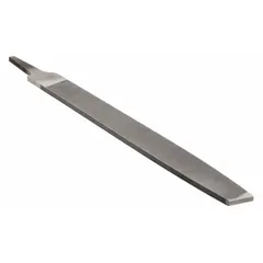 This tapered single-cut rectangular file features a second cut for efficient material removal on flat surfaces. With a length of 10 inches without tang, width of 15/16 inch, and thickness of 1 1/64 inch, it is suited for shaping and smoothing metal workpieces in tool and die, machine, and maintenance applications.