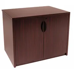 This desk-height storage cabinet from REGENCY is constructed of PVC laminate in a mahogany finish. It features one adjustable shelf and a locking mechanism for secure storage. With an overall height of 29 inches and width of 35 inches, it is suitable for organizing office supplies, tools, or documents in workspaces such as offices, workshops, or control rooms.