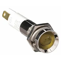This LED indicator pilot light features a yellow LED and a protruding panel design for clear visibility. It mounts in a 5/16-inch panel hole and connects via a 0.11-inch male quick disconnect terminal. Suitable for use in control panels, machinery, and equipment to indicate operational status or warnings.
