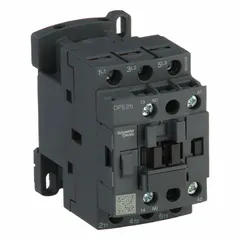 This SCHNEIDER non-reversing IEC contactor is rated for 25 A and features 3 poles with 3 normally open contacts. The coil operates on 24V AC. It is used for switching electrical loads in motor control, lighting, and HVAC systems.