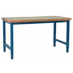 Butcher-block workstation with a 72 in x 36 in top and 6,600 lb overall load capacity. Blue finish. Suitable for industrial assembly, maintenance, and fabrication tasks in manufacturing plants, warehouses, and repair shops.