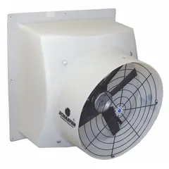 Direct-drive cylinder exhaust fan with a 16-inch blade, 1/3 hp motor, and Totally Enclosed Air Over enclosure. Delivers 3,217 cfm at 115/230V AC. Polished polyethylene frame. Suitable for general ventilation in agricultural and industrial settings.