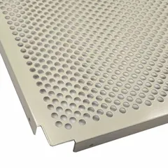 Perforated steel decking shelf kit for boltless shelving systems. Features 20 ga steel decking with powder-coated gray finish, flanged on all four sides. Supports up to 800 lb. Suitable for storage of parts, tools, or supplies in industrial and workshop environments.