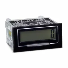 Front panel mounting totalizer with a black LCD display measuring 1 in x 1 7/8 in. CUL listed. Used for counting events or cycles in industrial machinery, production lines, and process control systems.