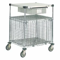 This antimicrobial wire security cart from METRO offers a 600 lb capacity with overall dimensions of 30 in L x 24 in W x 39 in H. It features adjustable shelf type, side pedal brake casters, and a caster configuration of (2) swivel with brake. No shelves are included. Suitable for secure transport and storage in environments requiring cleanliness and access control.
