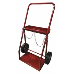 This hand truck is designed for transporting welding gas cylinders in a side-by-side configuration. It accommodates two cylinders and features a 20 in wide by 10 in deep nose plate. A chain is included to secure cylinders during transport. The unit has a red finish.