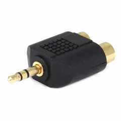 This audio splitter features a 3.5 mm Stereo TRS Male connector on one end and two RCA Female connectors on the other. It splits a single stereo audio signal into two RCA outputs for connecting to amplifiers, speakers, or recording equipment.