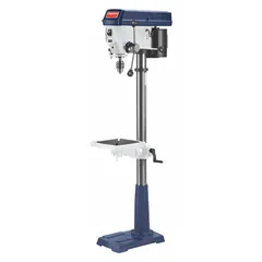 This floor stand drill press features a belt-drive system and manual downfeed, providing operator control for drilling and countersinking in metal, wood, and plastic. It operates on 120V AC single-phase power with a 1 hp motor, offering a speed range of 200 to 3,600 RPM. The unit has an 8-1/2 in swing and spindle travel of 3 in to 4 in, suitable for repetitive production or maintenance tasks.