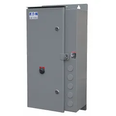 This enclosed non-reversing starter provides three-phase motor control with electronic overload protection. It features a NEMA Size 5 rating, 270 A capacity, 3 poles, and a 240V AC coil. Includes a pilot light and 1NO/1NC auxiliary contacts. Suitable for starting and stopping motors in industrial applications such as pumps, conveyors, and compressors.