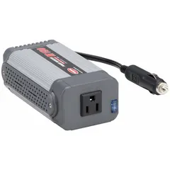 Converts 12V DC from a vehicle lighter plug to 120V AC modified sine wave power at 60 Hz. Delivers 150 W continuous output through a single outlet. Suitable for powering small electronics such as laptops, phone chargers, and portable fans during travel or mobile use.