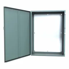 Steel dust-tight enclosure rated NEMA 12/13, measuring 48 x 36 x 16 inches. Features a solid hinged cover with clamp closure and includes a panel. No knockouts. Suitable for protecting electrical controls and components in industrial environments where resistance to dust, dirt, and non-corrosive liquids is required.