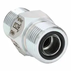 This Parker check valve features a steel body and is designed for high-pressure hydraulic systems. It allows flow in one direction while preventing backflow. The inlet connection is SAE O-Ring Boss and the outlet is SAE O-Ring Face Seal.