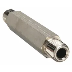 This hex nipple is a 316 stainless steel fitting with 1/4 in x 1/4 in NPT threads, rated for extreme pressure up to 7,500 psi. It is used to connect two male threaded pipes in high-pressure instrumentation, hydraulic, pneumatic, and process control systems requiring a corrosion-resistant, leak-free joint.