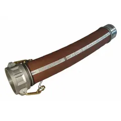This 20 ft EPDM hose assembly has a 4 in inside diameter and is rated for 100 psi. It is fitted with aluminum cam-and-groove couplings (Type C x Type E) in 4 in x 4 in size. The brown EPDM cover provides resistance to abrasion, making it suitable for transferring bulk materials in industrial environments.