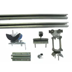 This track festoon kit includes hangers and uses a C-rail track type. It is designed for use with flat cable or hose, requiring a minimum of 119 ft of cable. The kit provides a 90 ft track length for supplying power or control signals to moving equipment in industrial environments.