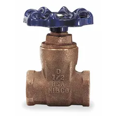 Bronze general purpose gate valve with non-rising stem design for on/off flow control. Features FNPT x FNPT connections, cast brass wedge, bronze bonnet, and wheel handle. Rated for 200 psi CWP. Suitable for water, oil, and gas systems where limited vertical space is a concern.
