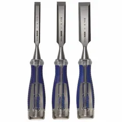 This 3-piece wood chisel set includes chisels in 1/2 in, 3/4 in, and 1 in widths, with overall lengths ranging from 3 in to 3 5/8 in. The chisels feature plastic handles and are suited for general woodworking tasks such as carving, paring, and shaping wood.