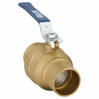 This 1-1/2 inch brass ball valve features a straight, two-piece body with sweat x sweat connections for permanent copper-tube installation. The Memory Stop Lever handle provides visual position indication. Suitable for on/off flow control in plumbing, HVAC, and industrial piping systems