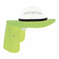 Silicone over-the-hat visor with a wide brim designed to provide sun shading for the neck and face while wearing a hard hat. The lime-colored accessory mounts securely over the hard hat without interfering with fit. Suitable for outdoor work environments where head protection and sun protection are needed.