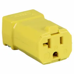 Hinged straight blade connector with NEMA 5-20R configuration, rated 125V AC and 20 A. 2-pole, 3-wire grounding design for terminating power cords in industrial and commercial applications. Yellow housing for visibility.