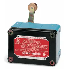 Honeywell EX-AR16 is a non plug-in limit switch with a roller lever actuator, part of the EX series. It features screw terminals for electrical connection and is rated for hazardous locations. The roller width is 0.31 inches, with 8° pretravel and 90° overtravel. Typical applications include position detection in conveyors, packaging machinery, and material handling systems where explosion-proof ratings are required.