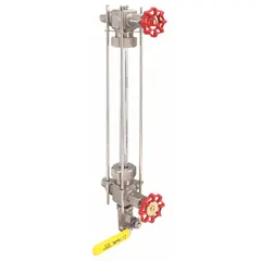 Tube-style sight glass with check valves for visual liquid level monitoring. Features a 5/8 in gauge glass diameter and 12 in gauge glass length. Includes a ball drain valve. Gasket material is PTFE with Hypalon; stem packing material is PTFE with ARAMID.