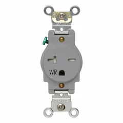 Gray single receptacle rated 20 A at 250V AC with NEMA 6-20 configuration, 2-pole/3-wire grounding. Suitable for dedicated 250V circuits in industrial and commercial settings, such as for air conditioners, welders, and machinery.